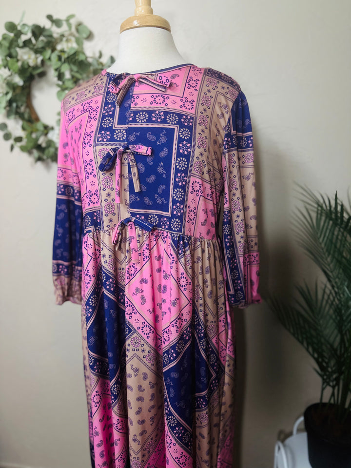 Liza Lou’s Pink w/ Dark Blue Purple Cheery Long Modest Dress