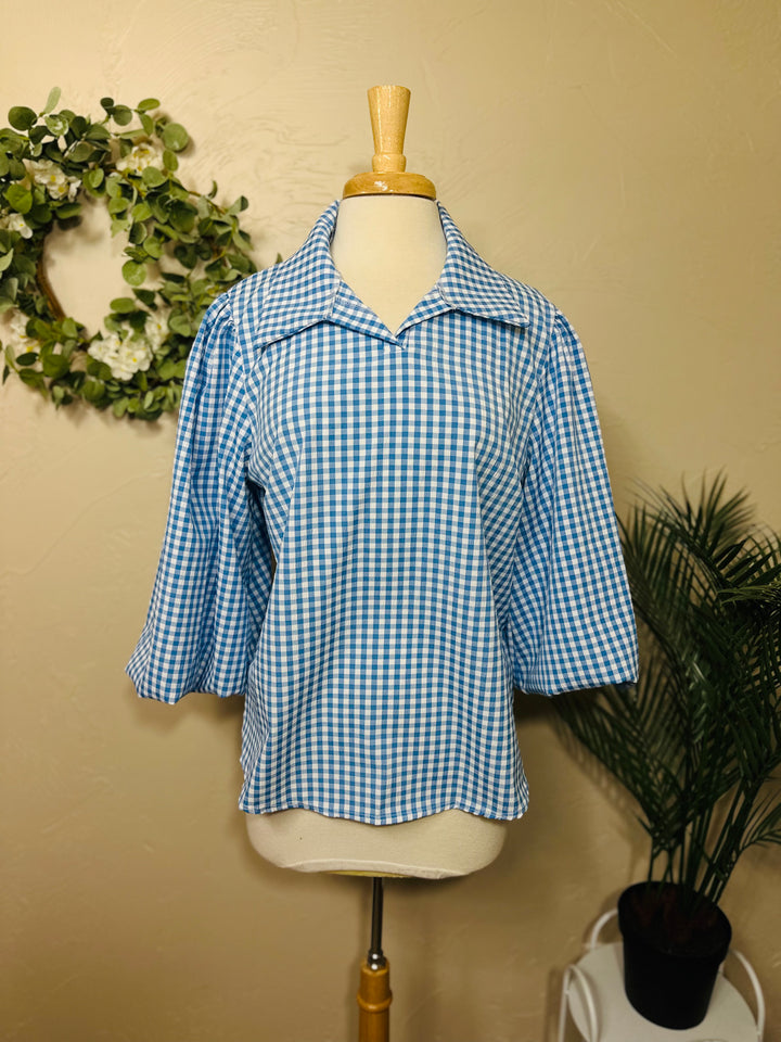 Liza Lou's Blue & White Gingham Checkered Blouse