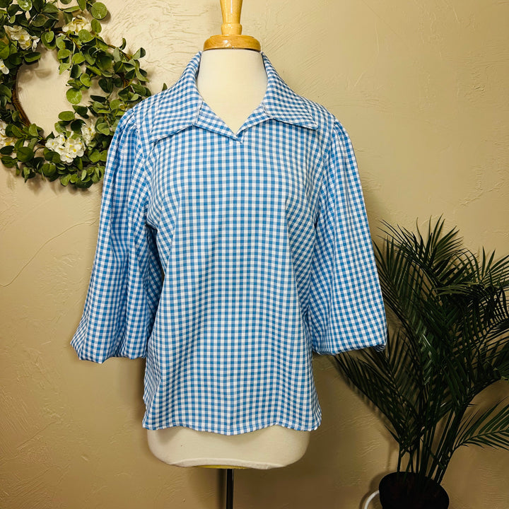 Liza Lou's Blue & White Gingham Checkered Blouse