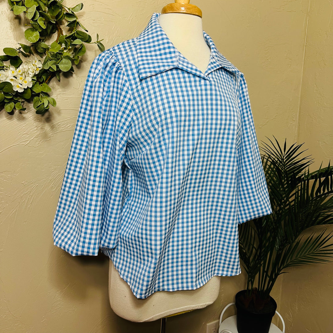 Liza Lou's Blue & White Gingham Checkered Blouse