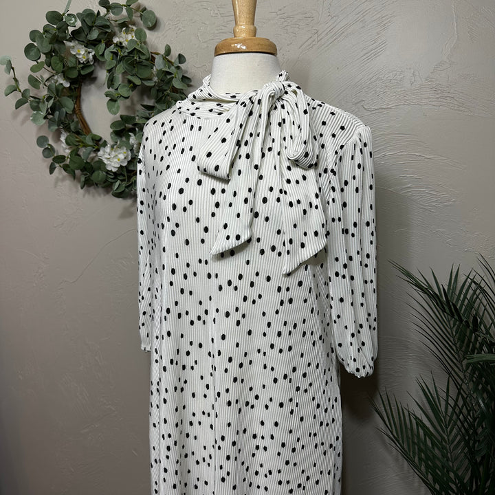 Liza Lou's Lavon Bodre White Cream w/ Black Polka Dots Long Modest Dress w/ Bow Tie