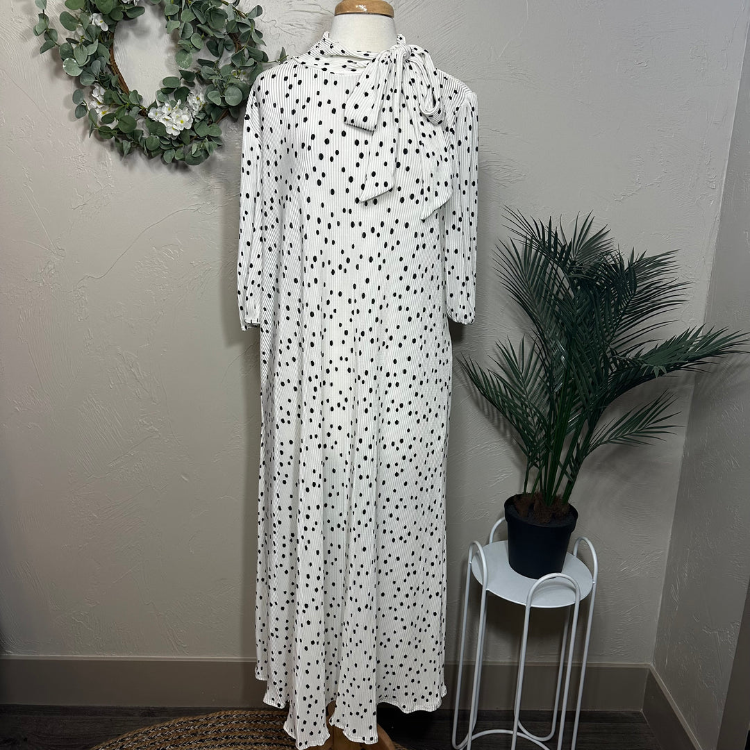 Liza Lou's Lavon Bodre White Cream w/ Black Polka Dots Long Modest Dress w/ Bow Tie