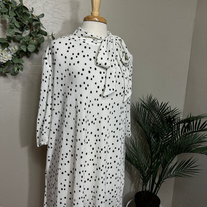Liza Lou's Lavon Bodre White Cream w/ Black Polka Dots Long Modest Dress w/ Bow Tie