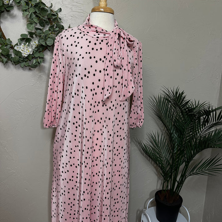 Liza Lou's Lavon Bodre Pink with Polka Dots Long Modest Dress w/ Bow Tie