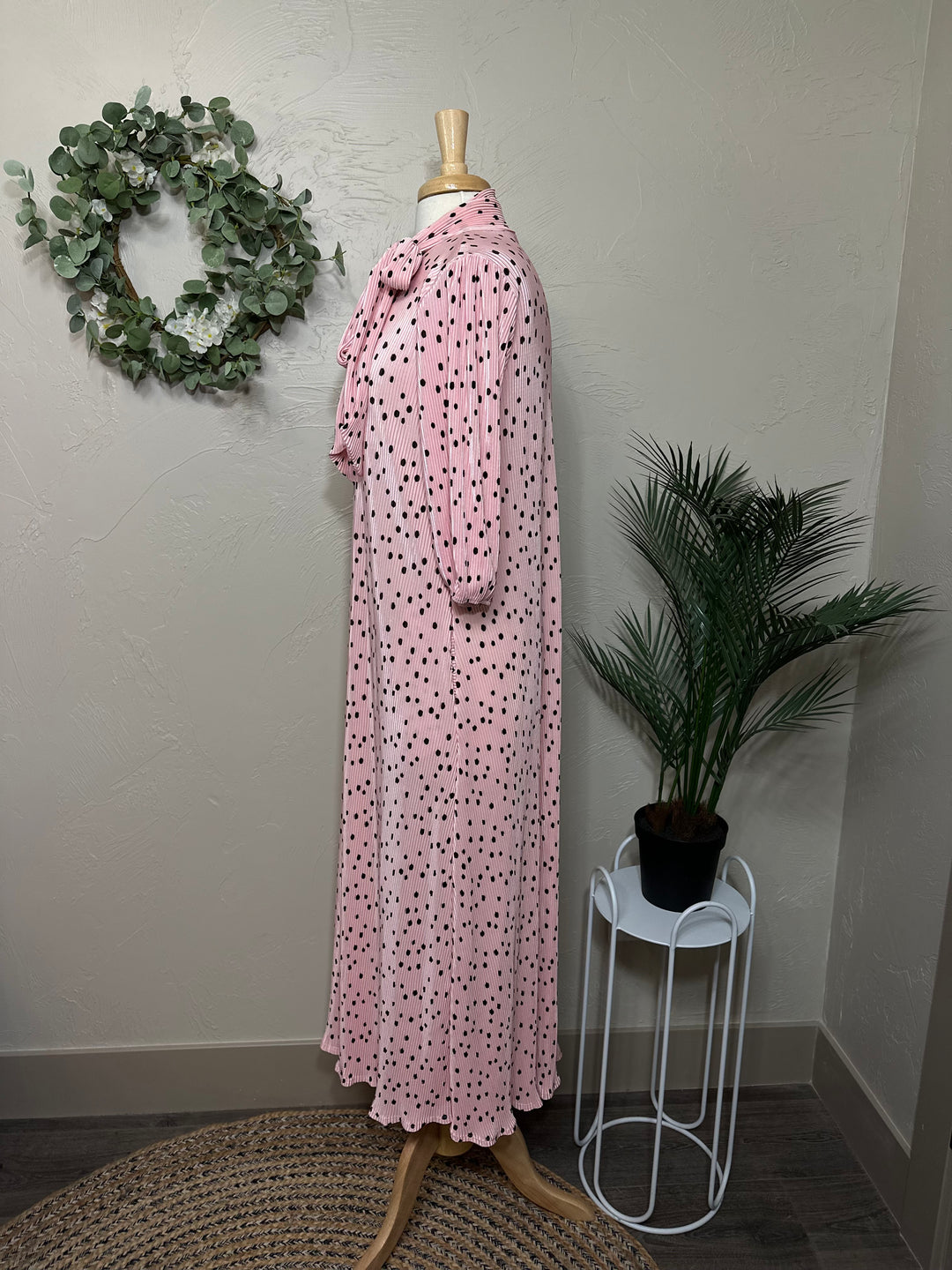 Liza Lou's Lavon Bodre Pink with Polka Dots Long Modest Dress w/ Bow Tie