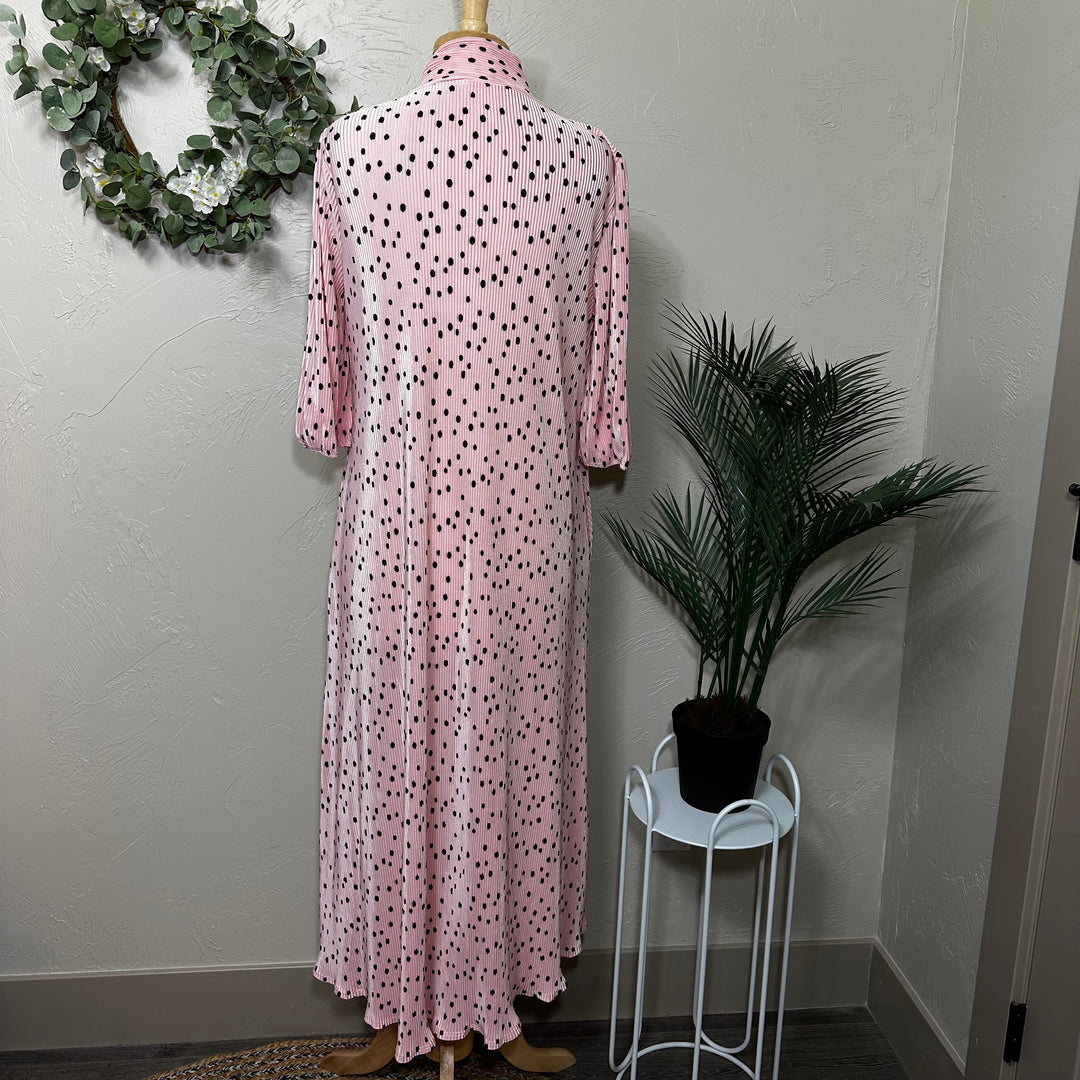 Liza Lou's Lavon Bodre Pink with Polka Dots Long Modest Dress w/ Bow Tie