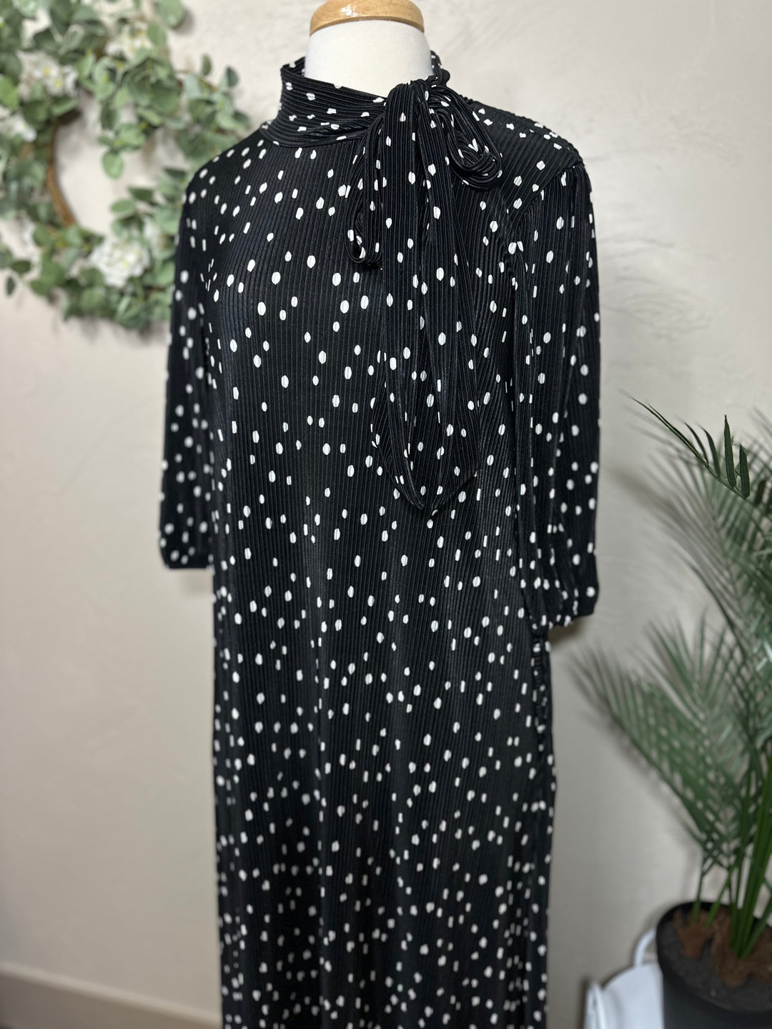 Liza Lou's Lavon Bodre Black with Polka Dots Long Modest Dress w/ Bow Tie