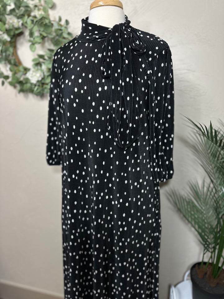 Liza Lou's Lavon Bodre Black with Polka Dots Long Modest Dress w/ Bow Tie