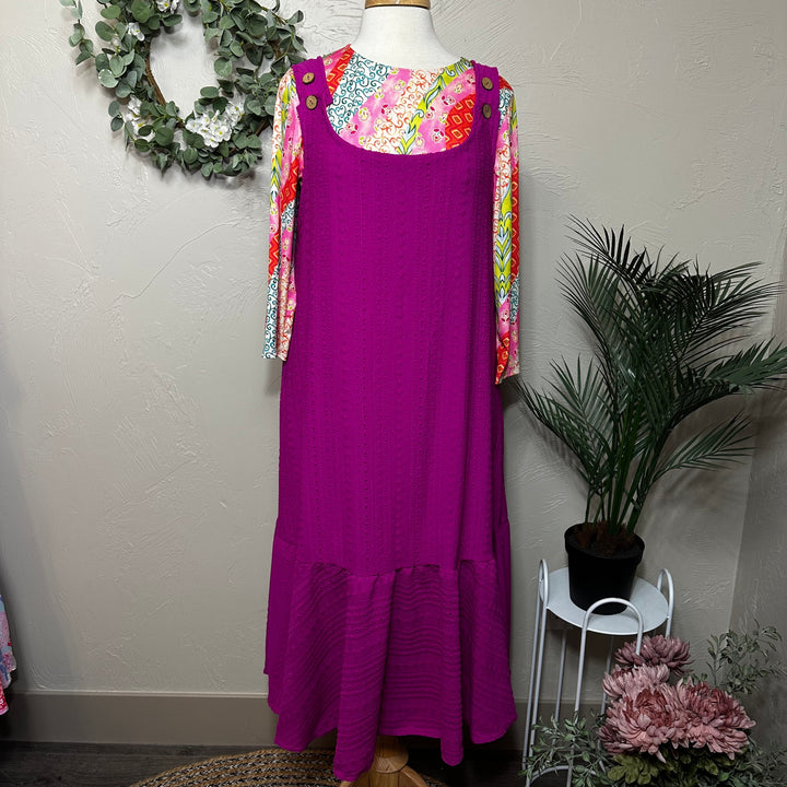Liza Lou's Sophie Magenta Pink Textured Jumper Sleeveless Modest Dress