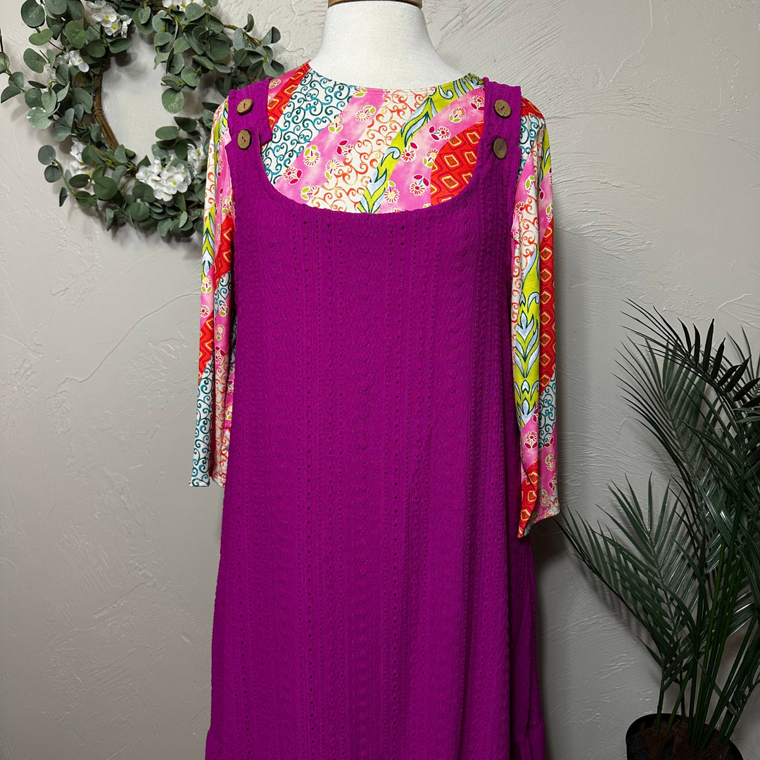 Liza Lou's Sophie Magenta Pink Textured Jumper Sleeveless Modest Dress