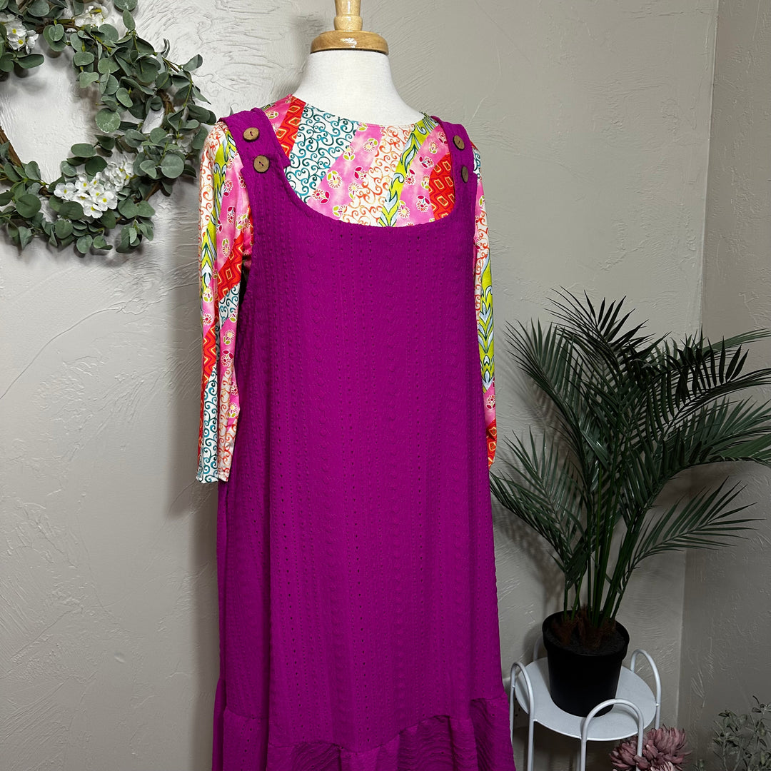 Liza Lou's Sophie Magenta Pink Textured Jumper Sleeveless Modest Dress