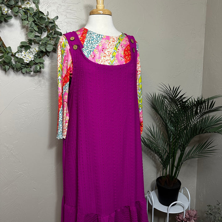 Liza Lou's Sophie Magenta Pink Textured Jumper Sleeveless Modest Dress