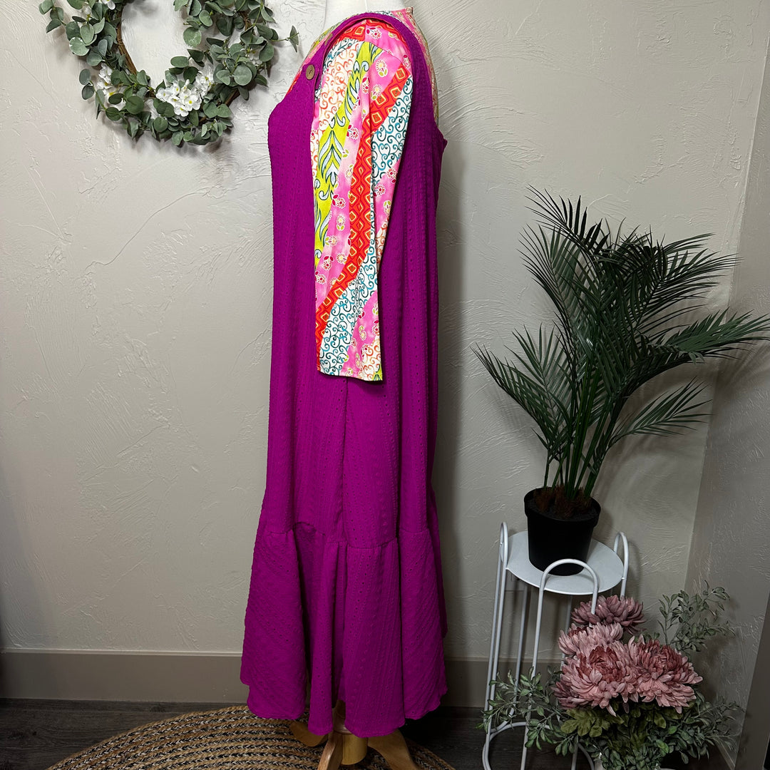 Liza Lou's Sophie Magenta Pink Textured Jumper Sleeveless Modest Dress