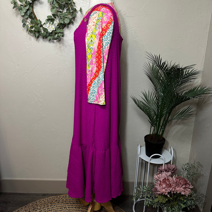 Liza Lou's Sophie Magenta Pink Textured Jumper Sleeveless Modest Dress