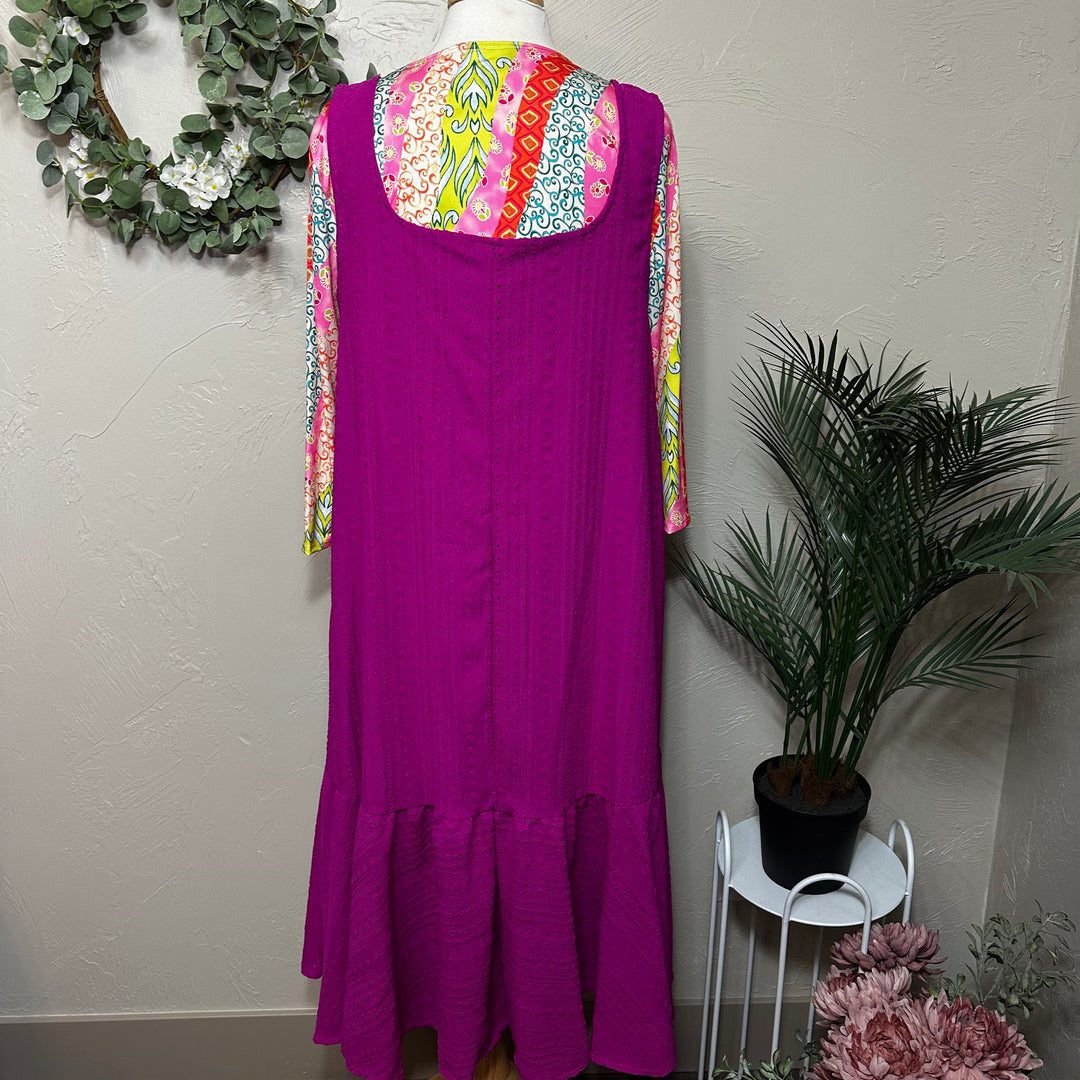 Liza Lou's Sophie Magenta Pink Textured Jumper Sleeveless Modest Dress