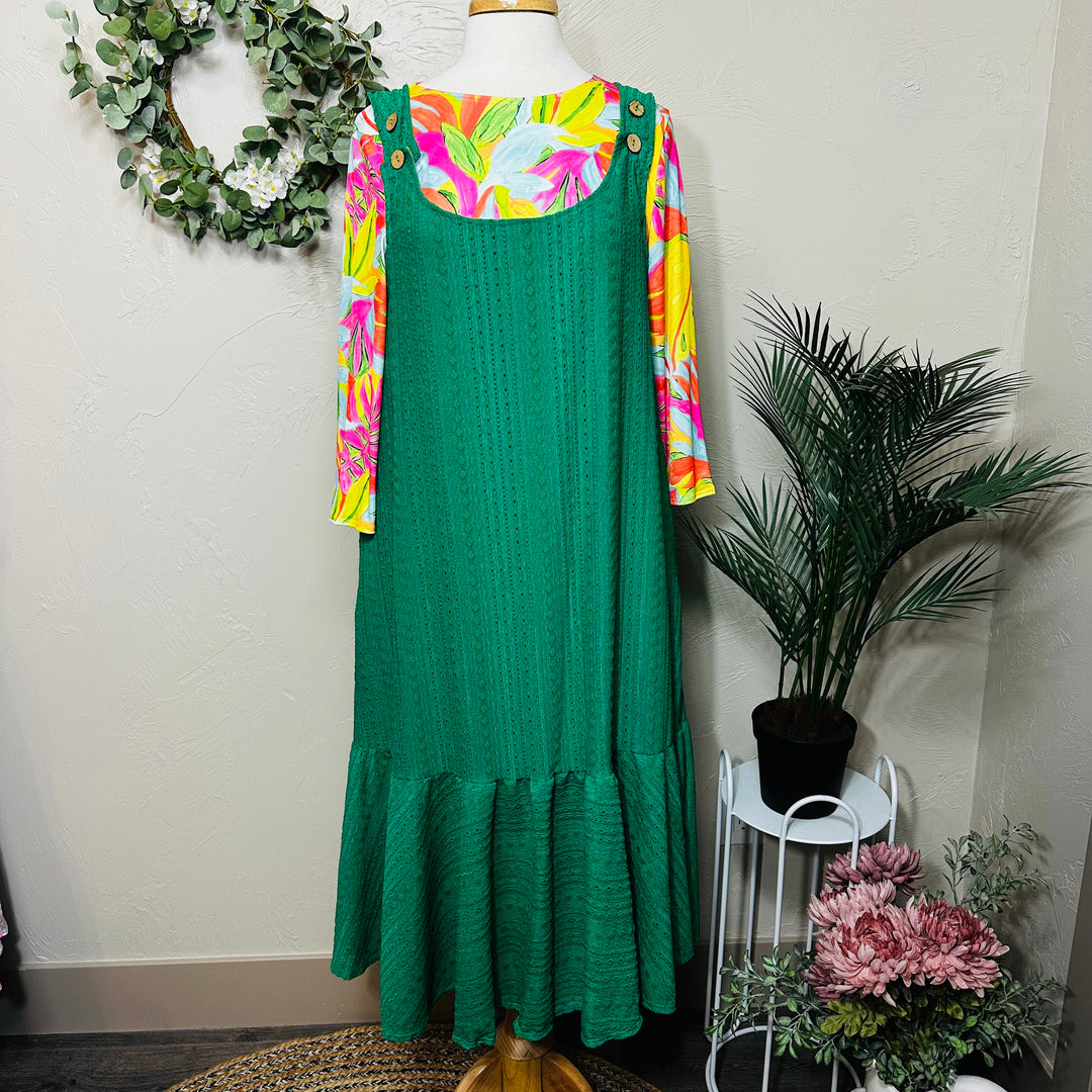 Liza Lou's Sophie Green Textured Jumper Sleeveless Modest Dress