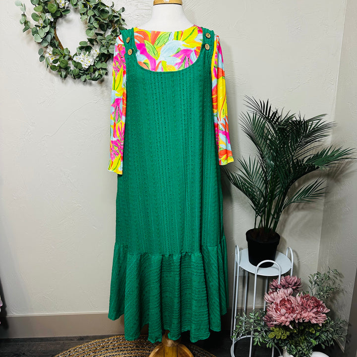 Liza Lou's Sophie Green Textured Jumper Sleeveless Modest Dress