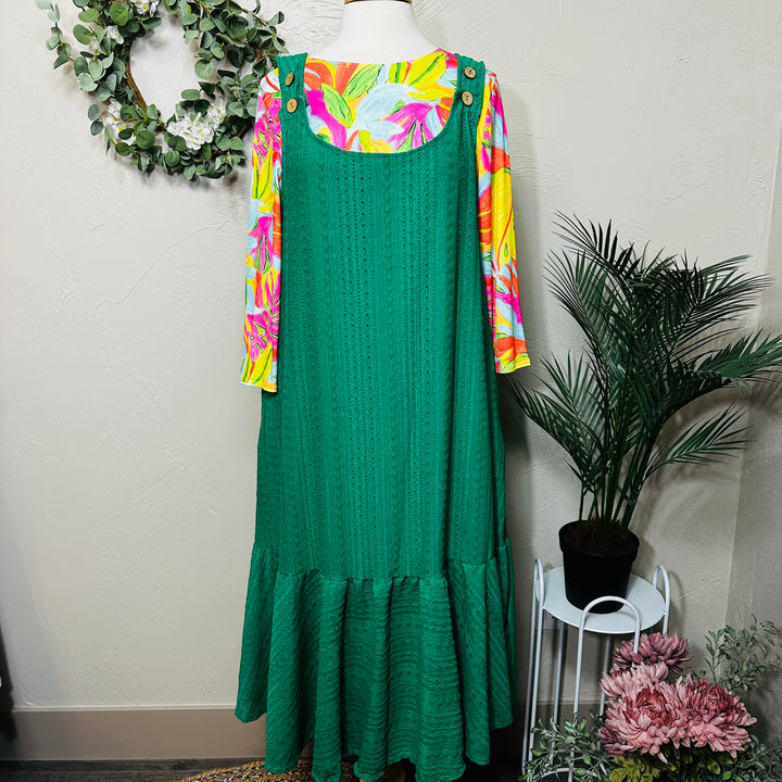 Liza Lou's Sophie Green Textured Jumper Sleeveless Modest Dress