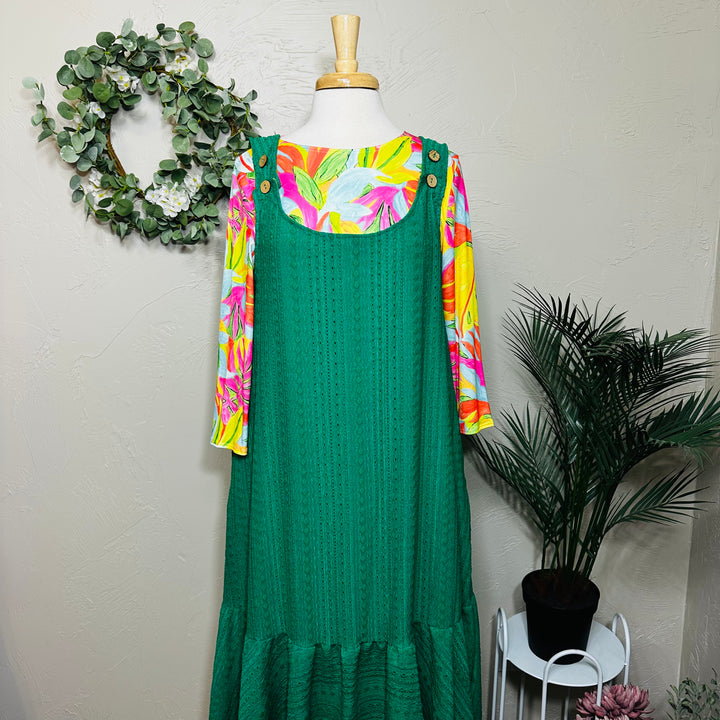 Liza Lou's Sophie Green Textured Jumper Sleeveless Modest Dress