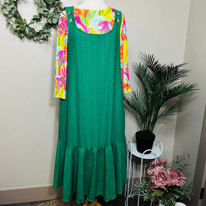 Liza Lou's Sophie Green Textured Jumper Sleeveless Modest Dress