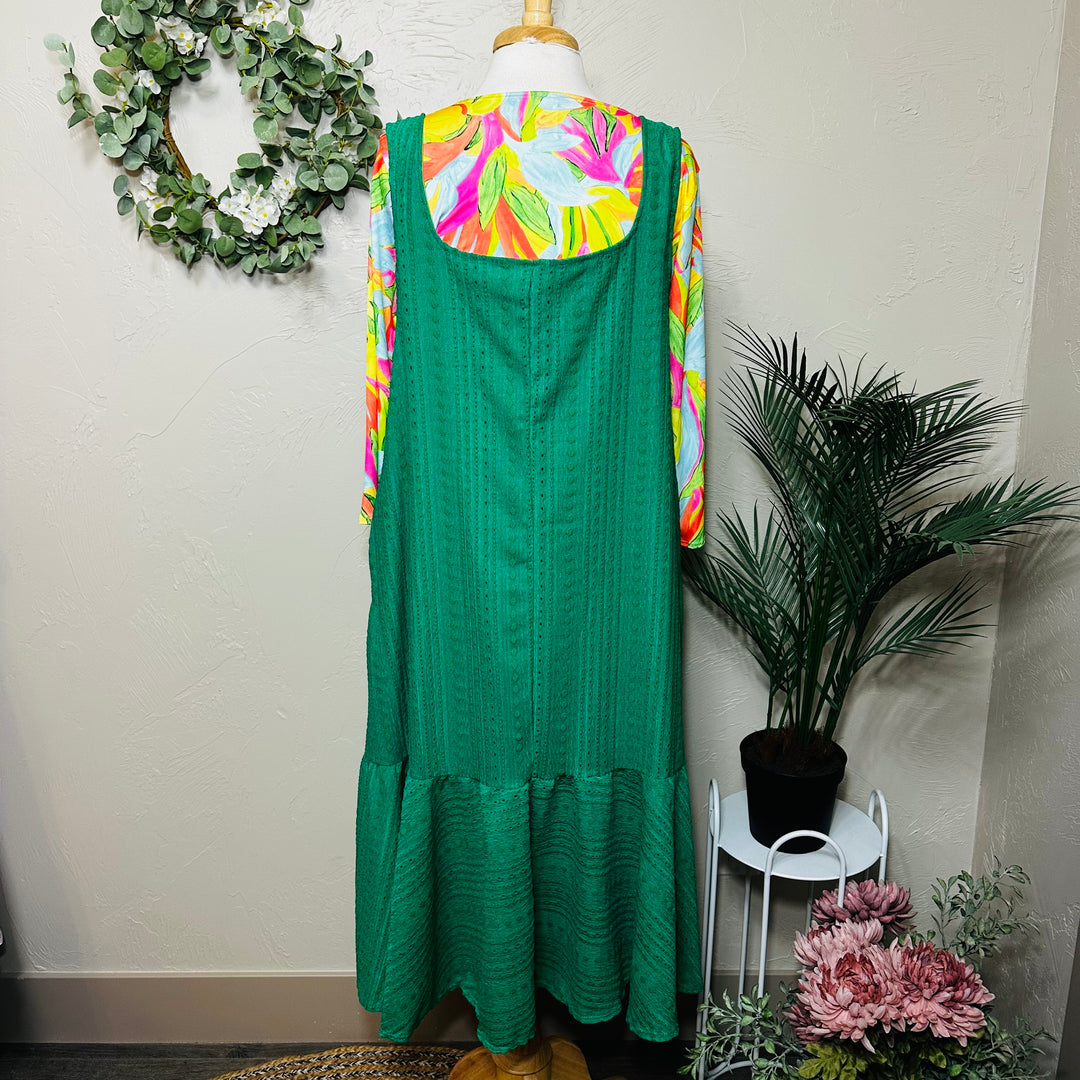 Liza Lou's Sophie Green Textured Jumper Sleeveless Modest Dress