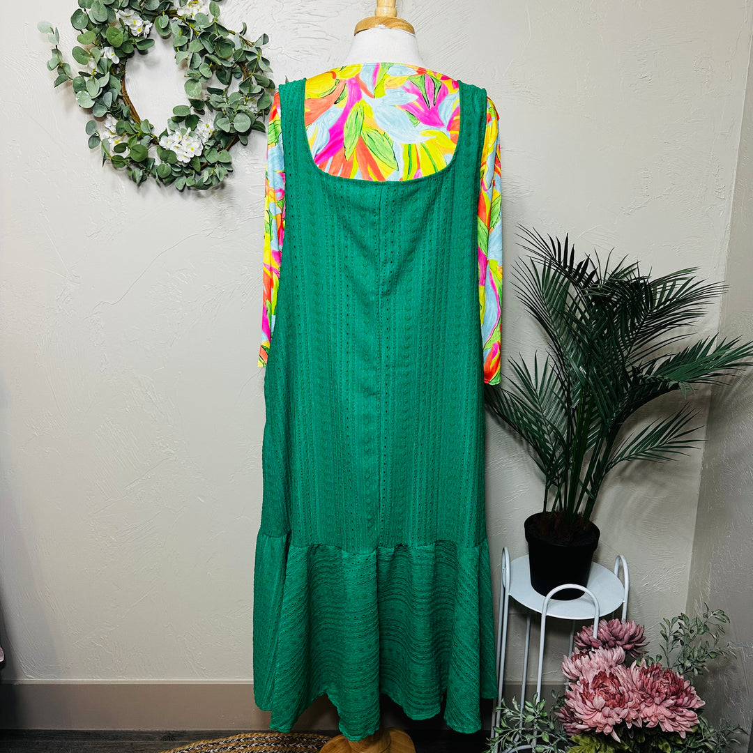 Liza Lou's Sophie Green Textured Jumper Sleeveless Modest Dress