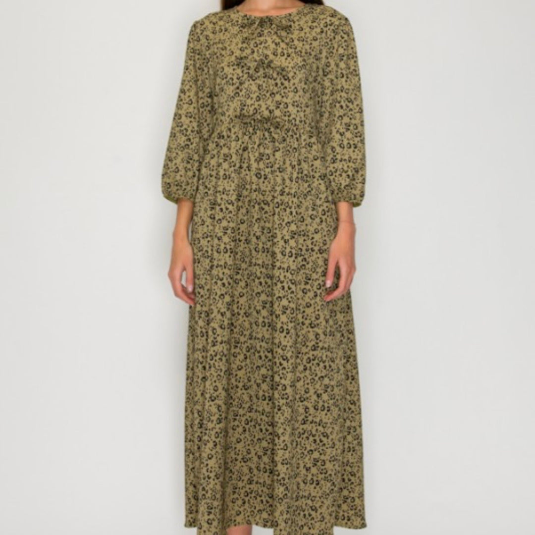 Liza Lou’s Georgette Green With Animal Print Long Modest Dress