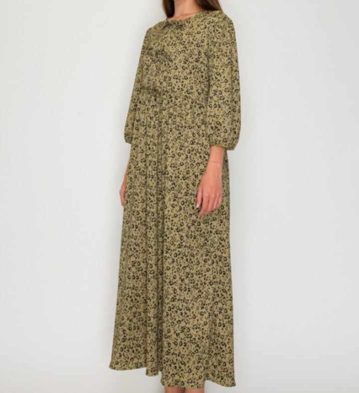 Liza Lou’s Georgette Green With Animal Print Long Modest Dress