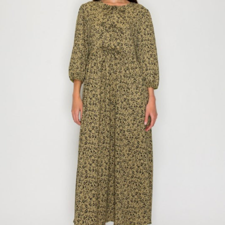 Liza Lou’s Georgette Green With Animal Print Long Modest Dress