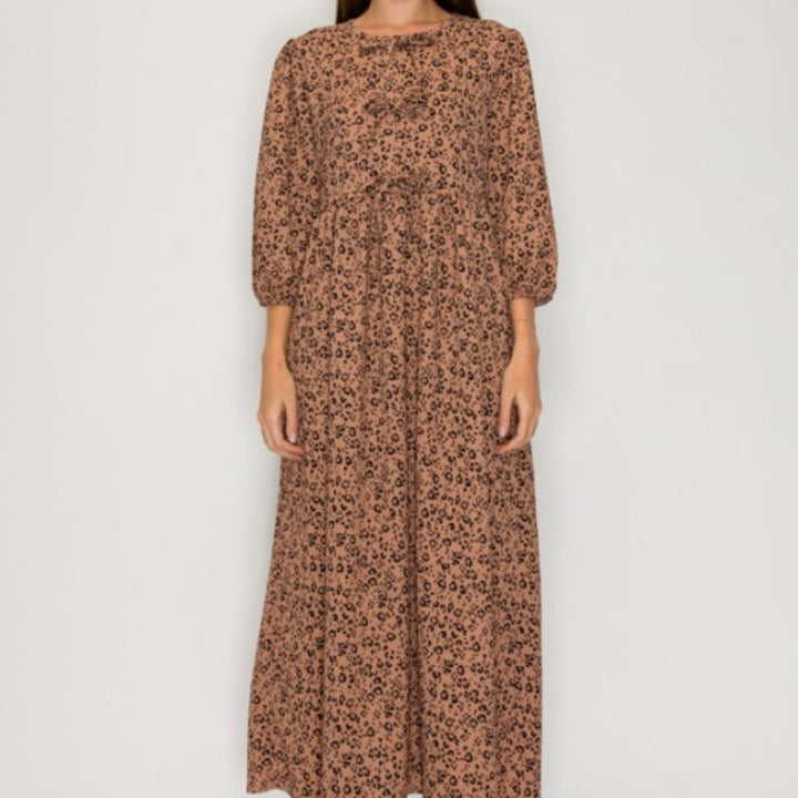 Liza Lou’s Georgette Light Brown With Animal Print Long Modest Dress