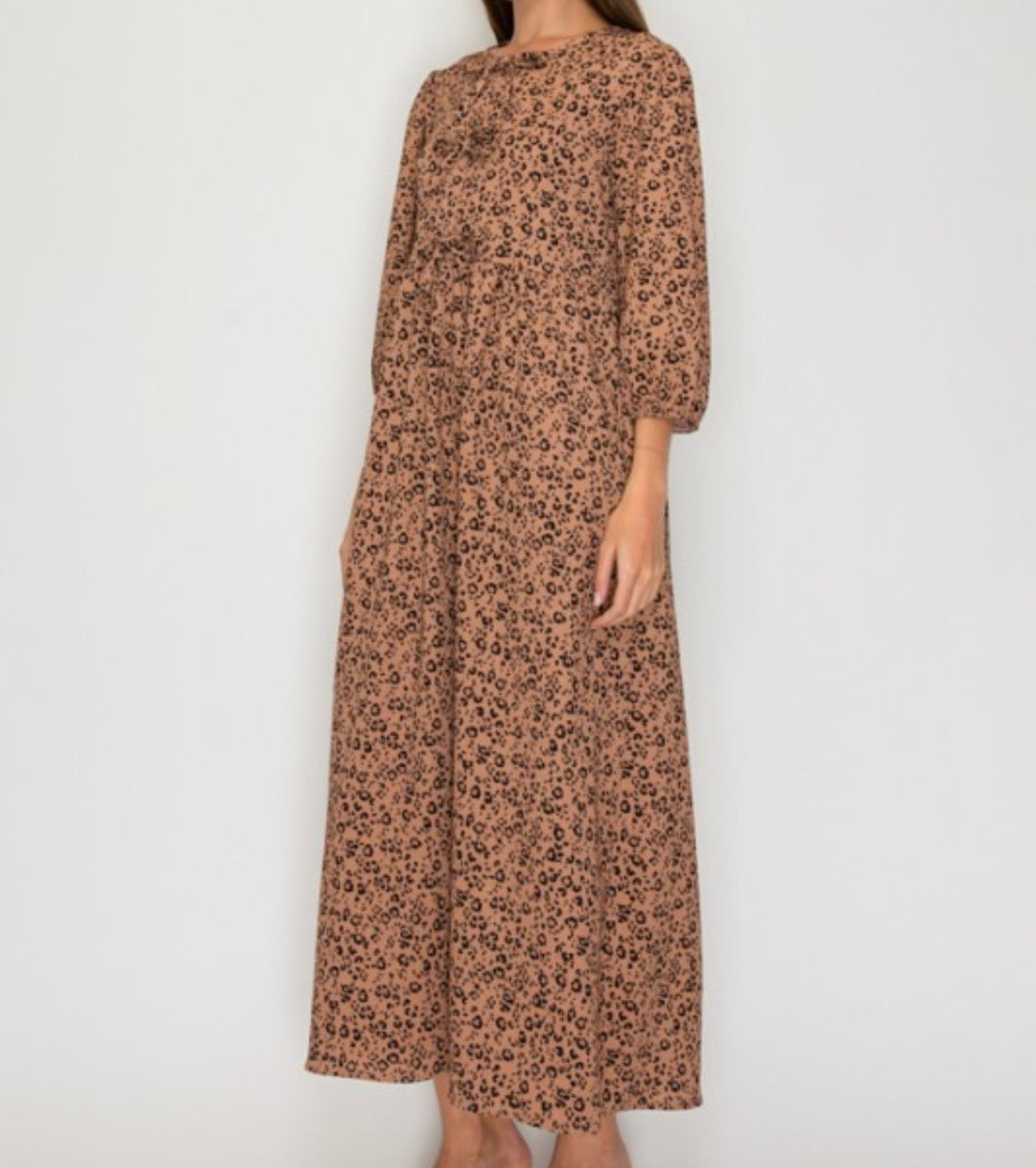 Liza Lou’s Georgette Light Brown With Animal Print Long Modest Dress