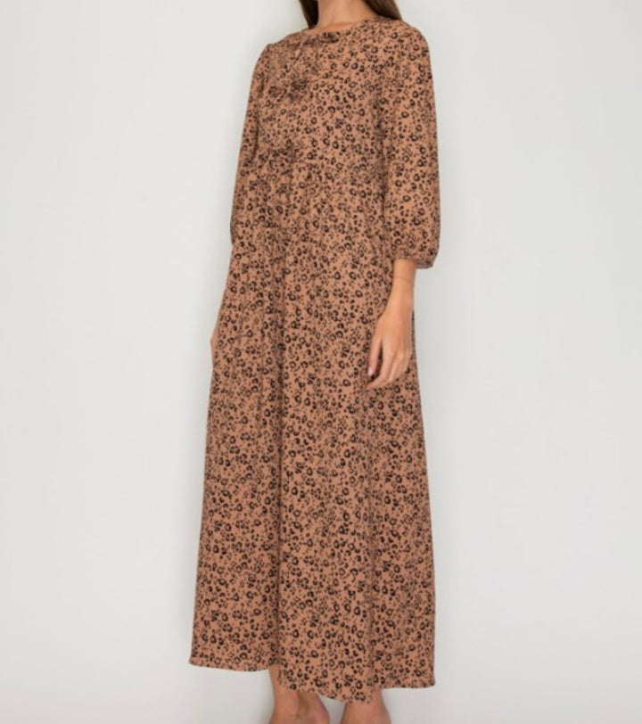 Liza Lou’s Georgette Light Brown With Animal Print Long Modest Dress