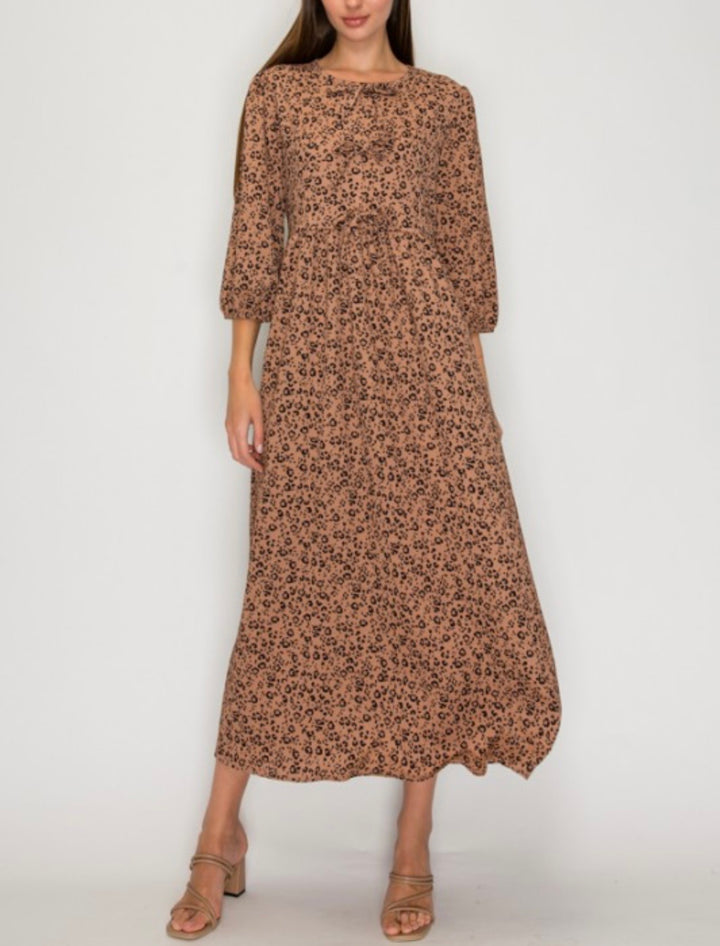 Liza Lou’s Georgette Light Brown With Animal Print Long Modest Dress