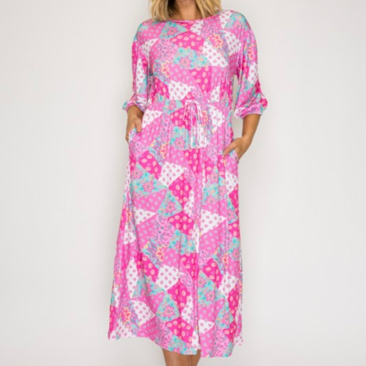 Liza Lou’s Pink Patchwork Modest Dress
