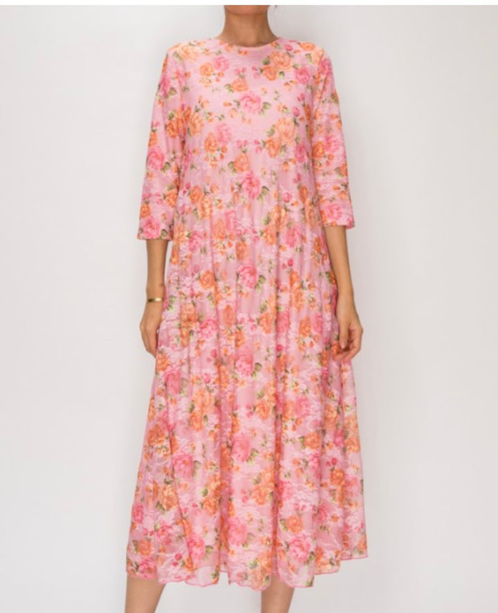 Liza Lou's Fancy Floral Pink Lace Long Dress