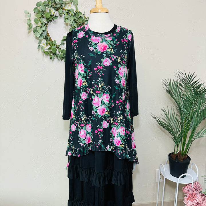 Liza Lou’s Black With Floral Layering Mesh Vest Top