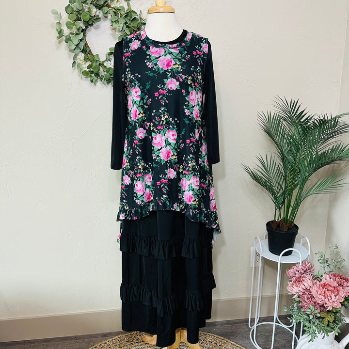 Liza Lou’s Black With Floral Layering Mesh Vest Top