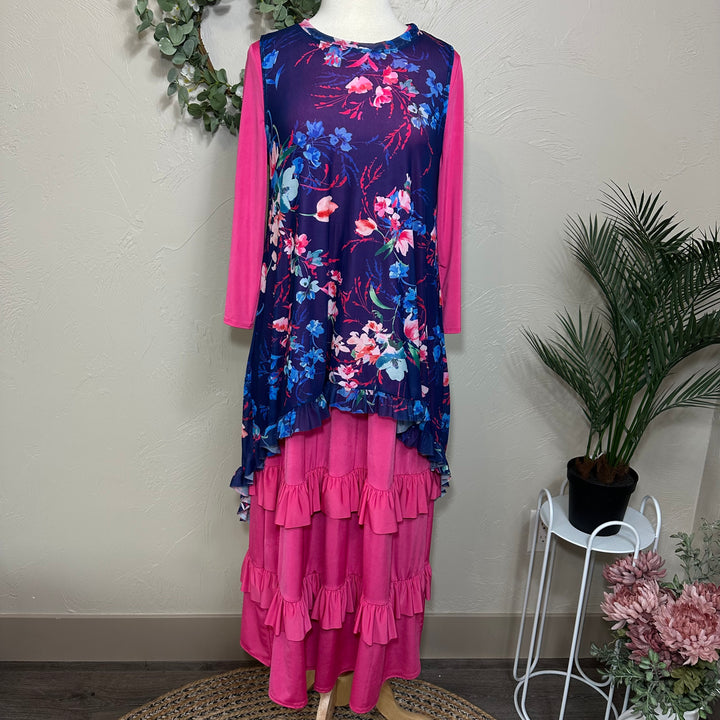Liza Lou’s Blue Floral Layering Mesh Vest Tunic Top