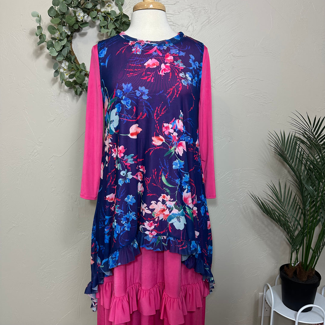 Liza Lou’s Blue Floral Layering Mesh Vest Tunic Top
