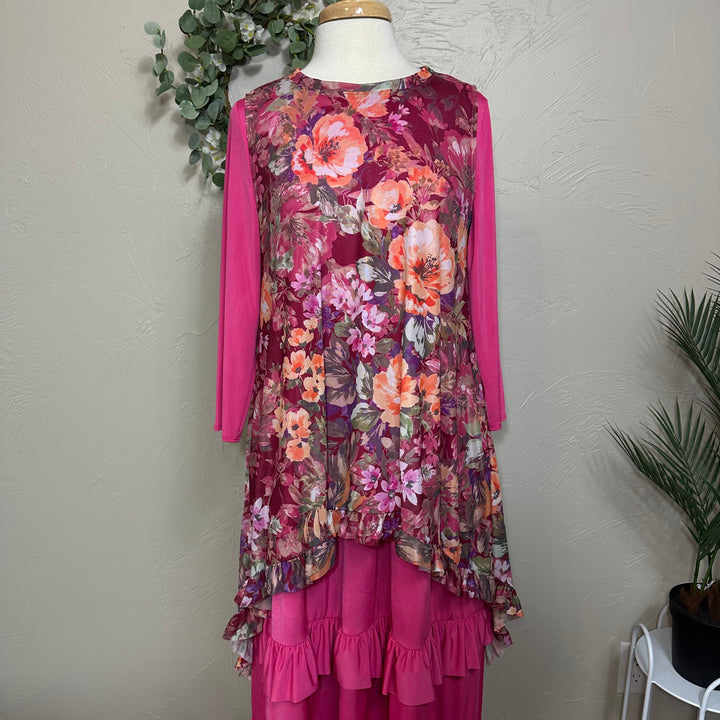 Liza Lou’s Burgundy Floral Layering Mesh Top Vest Tunic