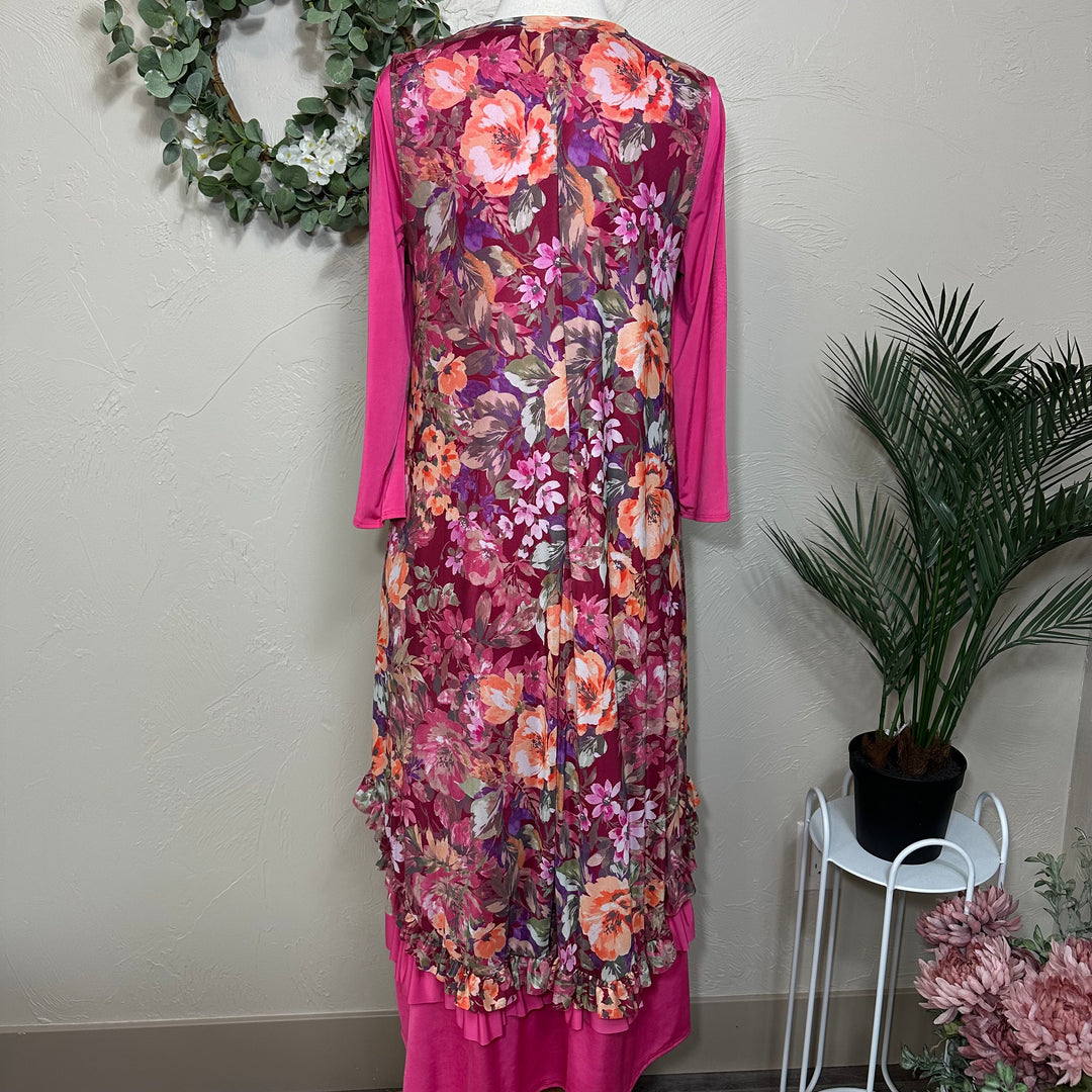 Liza Lou’s Burgundy Floral Layering Mesh Top Vest Tunic