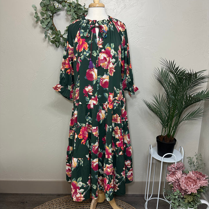Liza Lou's Women's Modest Dress Forrest Green with Floral Pattern