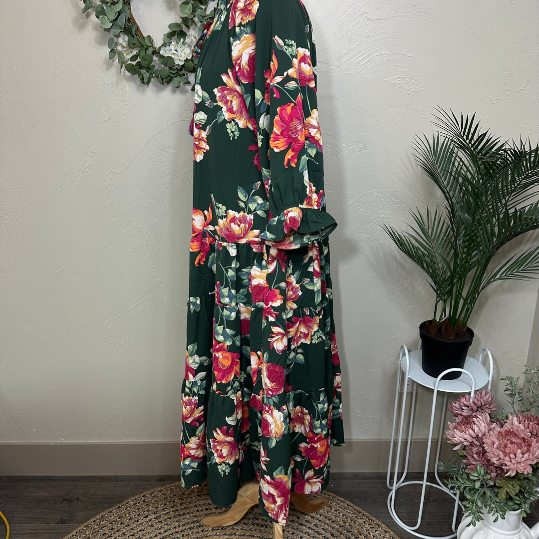 Liza Lou's Women's Modest Dress Forrest Green with Floral Pattern