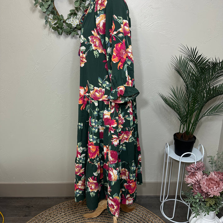 Liza Lou's Women's Modest Dress Forrest Green with Floral Pattern