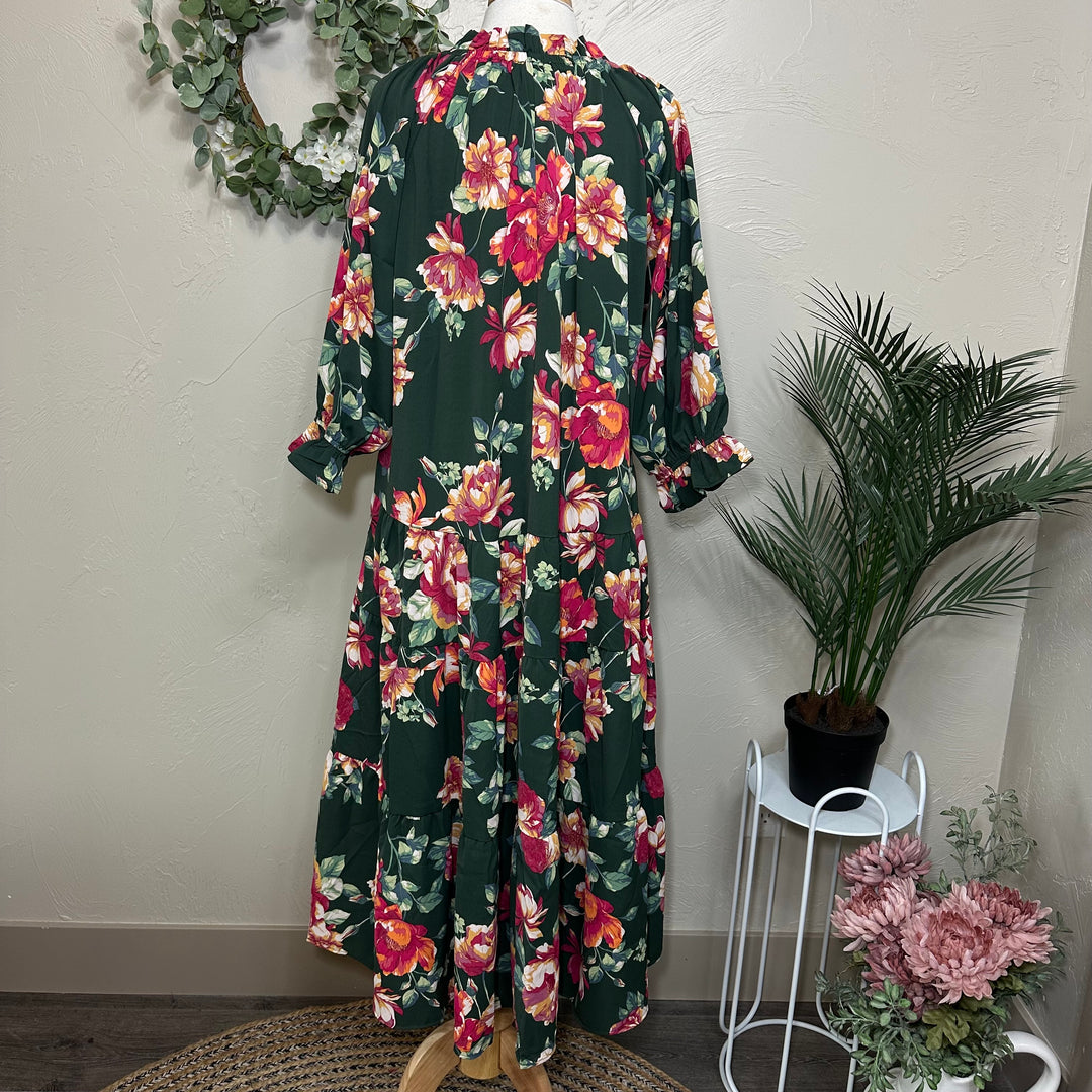 Liza Lou's Women's Modest Dress Forrest Green with Floral Pattern