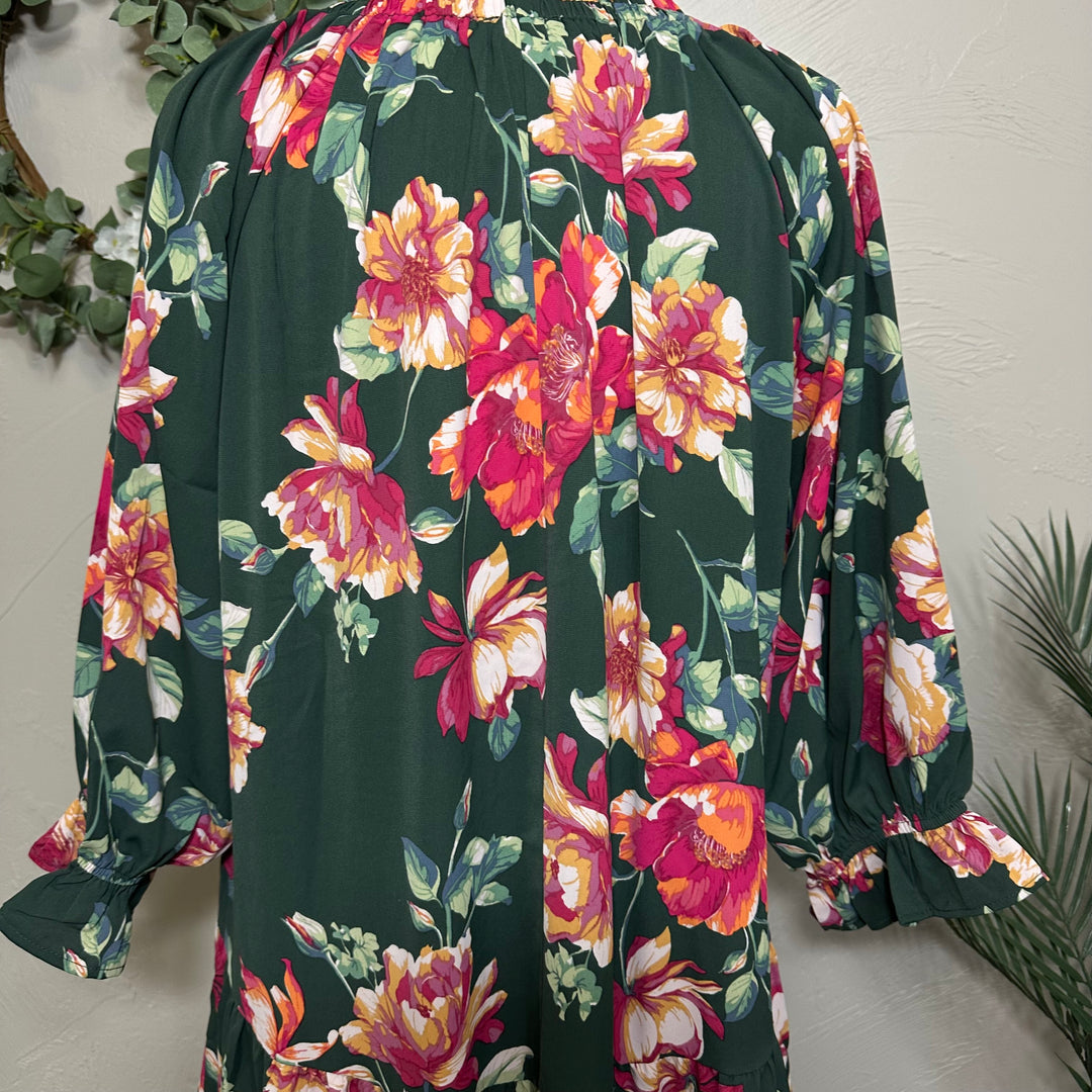Liza Lou's Women's Modest Dress Forrest Green with Floral Pattern