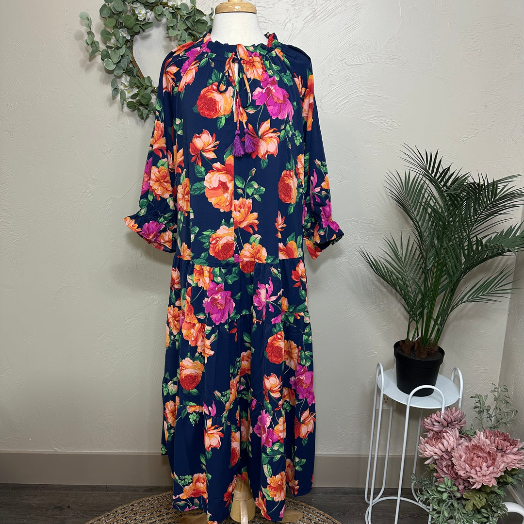 Liza Lou's Women's Modest Dress Navy Blue with Floral Pattern