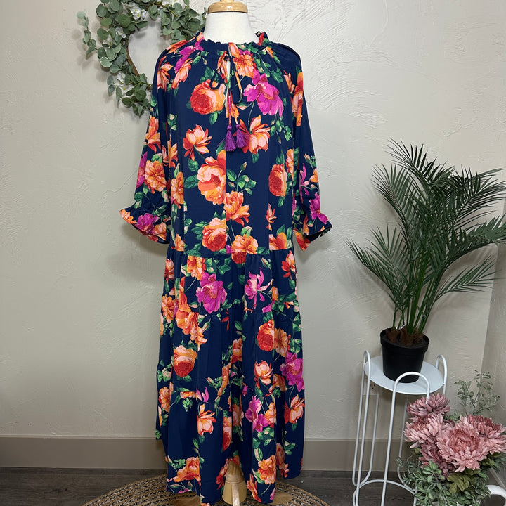 Liza Lou's Women's Modest Dress Navy Blue with Floral Pattern