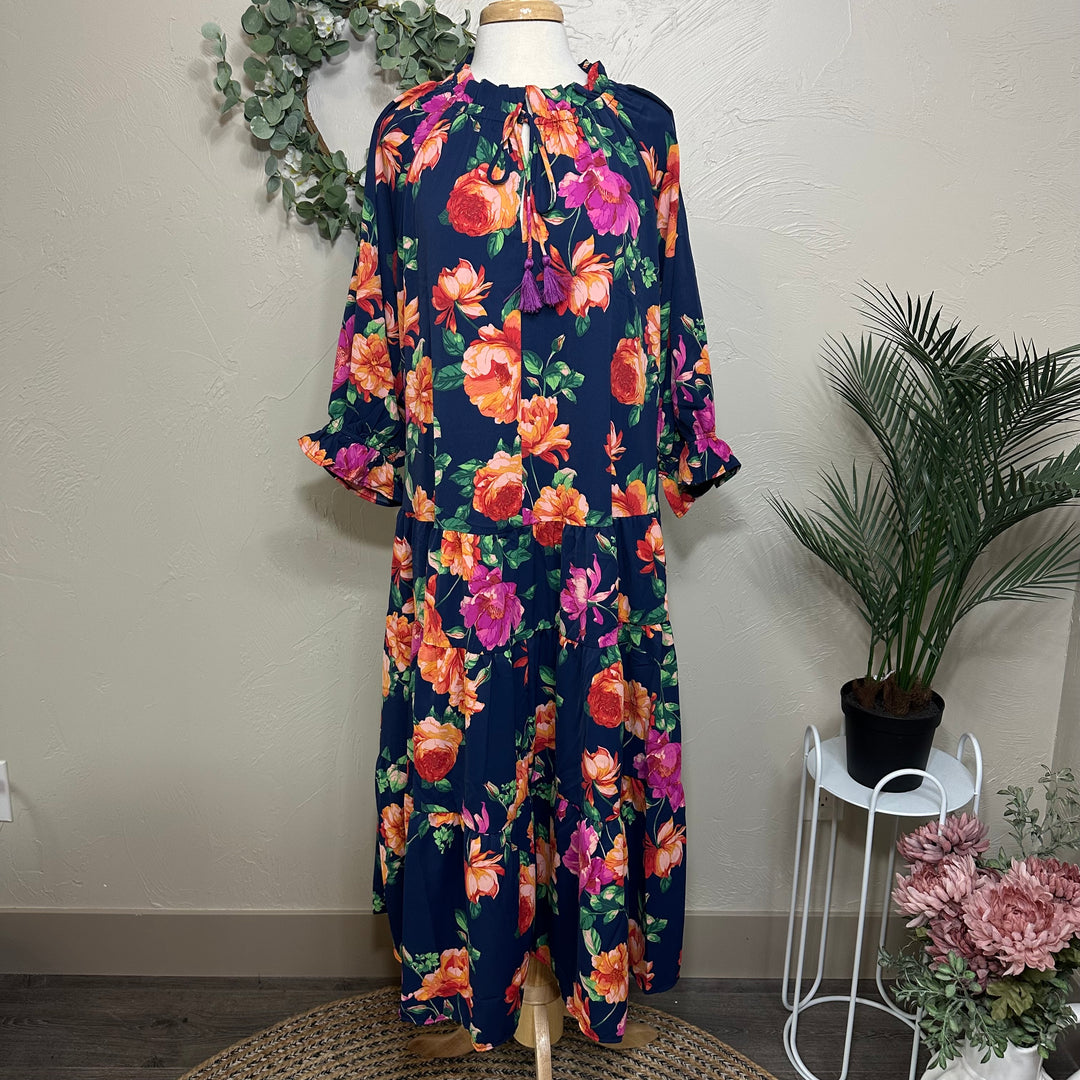 Liza Lou's Women's Modest Dress Navy Blue with Floral Pattern