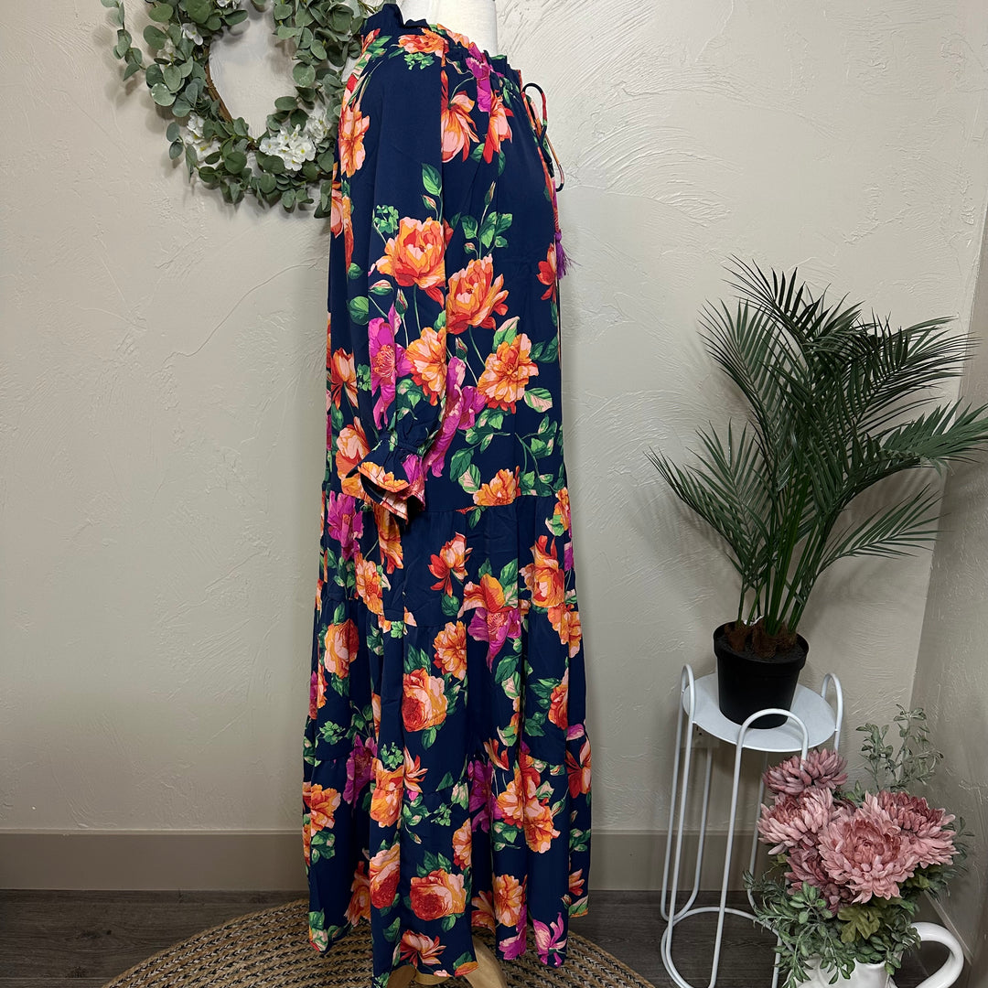 Liza Lou's Women's Modest Dress Navy Blue with Floral Pattern